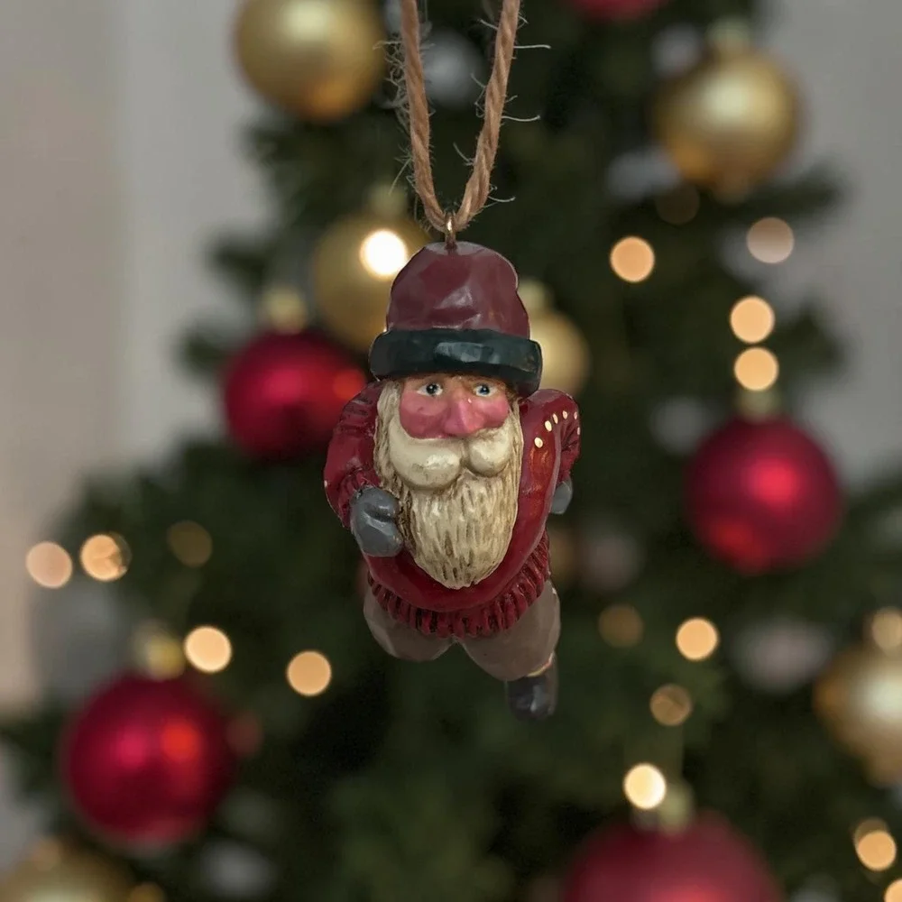 Vintage 2001 BIC Ice Skating Santa Christmas Ornament Red Sweater Folk Art